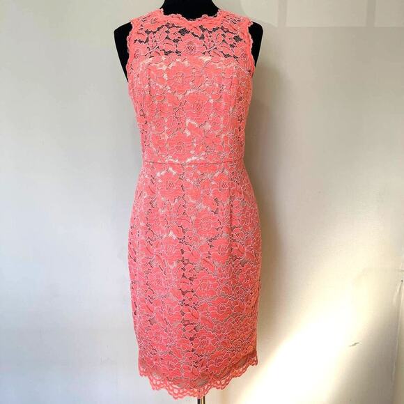 VINCE CAMUTO Pink Salmon Lace Overlay Sheath Dress Floral Sleeveless Size 10 - Picture 2 of 15